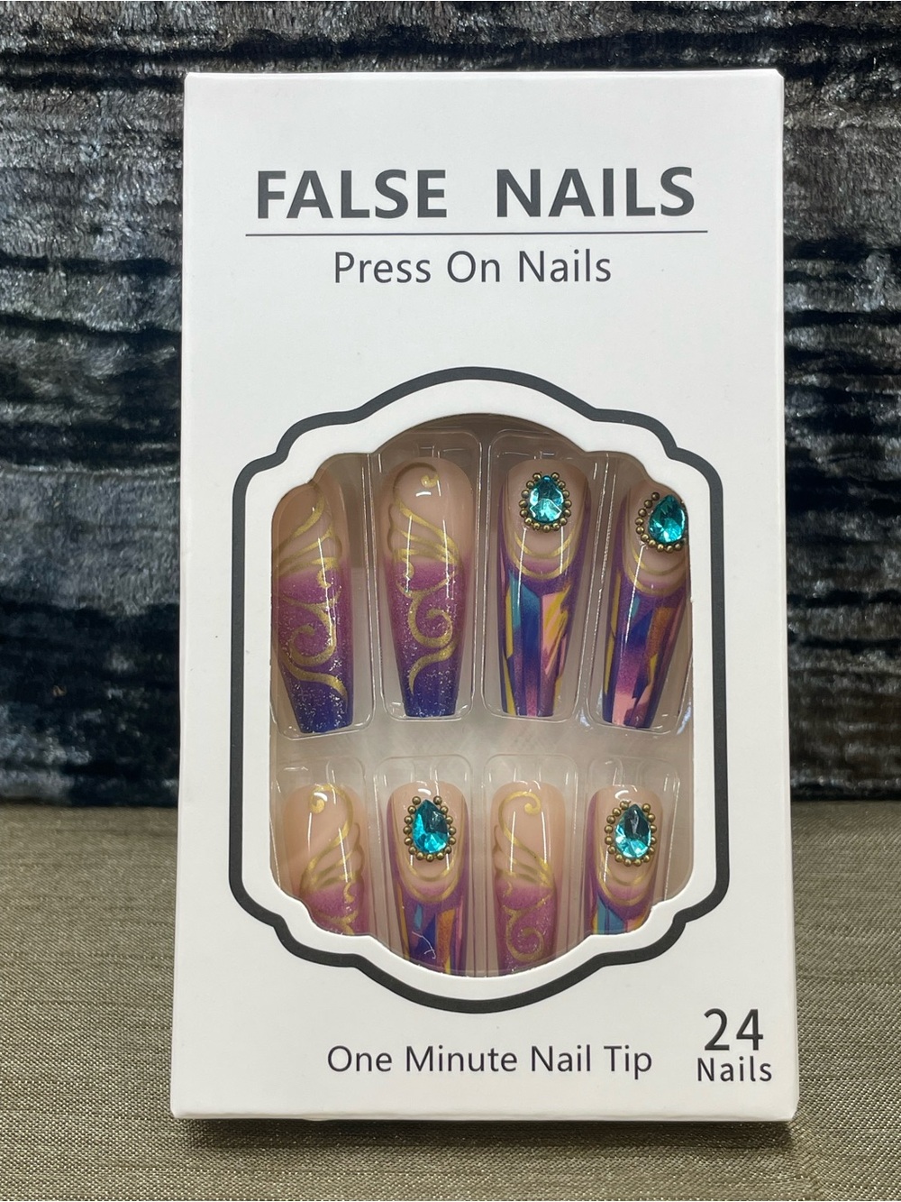 False Nails Press-On with Purple and Teal Peacock theme with Teal Gemstones
